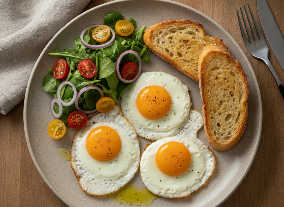 Huevos estrellados con ensalada photo