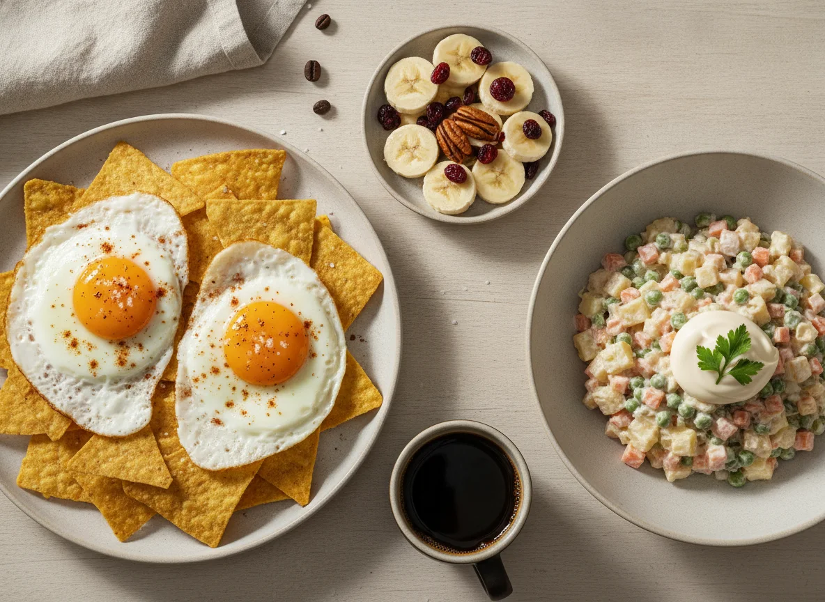 Huevos estrellados con ensalada rusa y postre de plátano photo