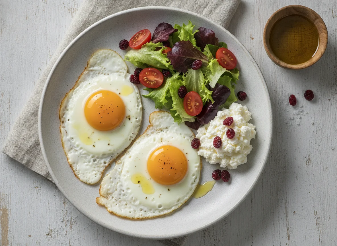Huevos estrellados con ensalada y queso cottage photo