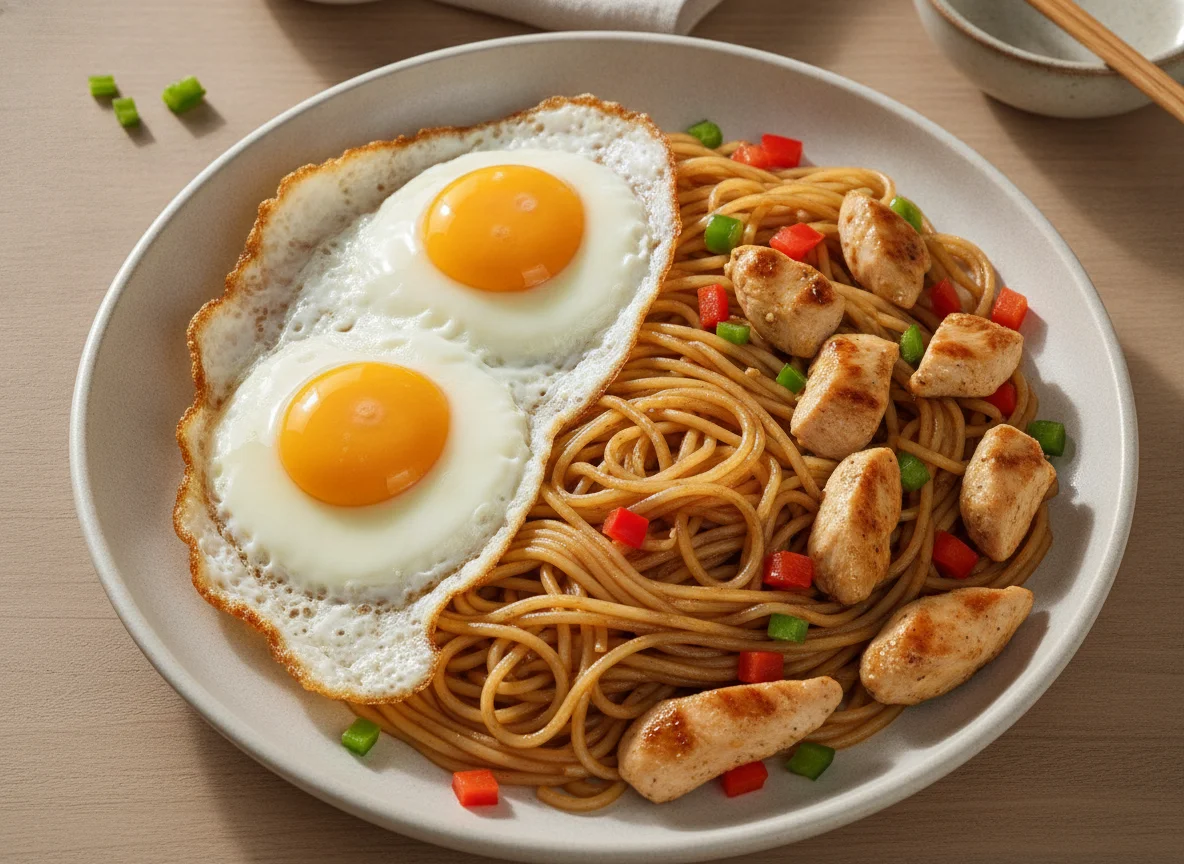 Huevos estrellados con fideos chinos y pollo photo