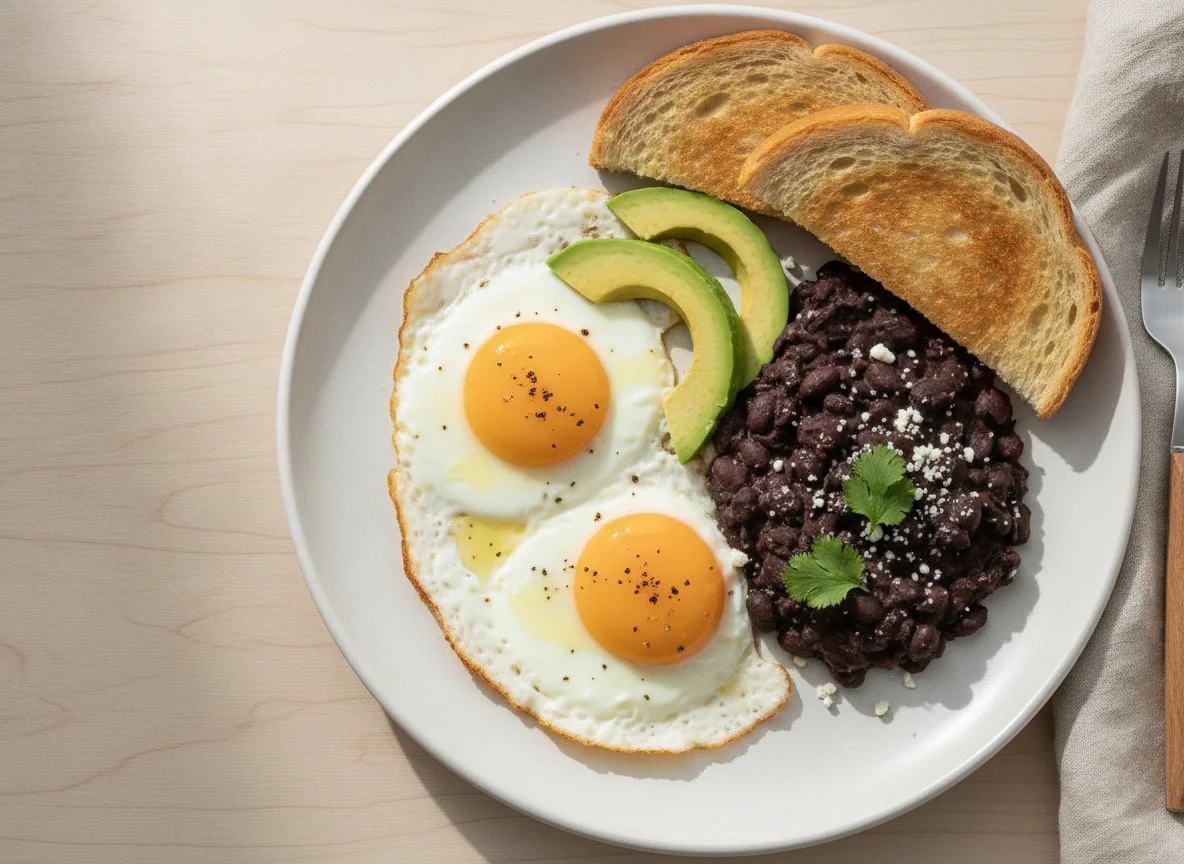 Huevos estrellados con frijoles, aguacate y pan tostado photo