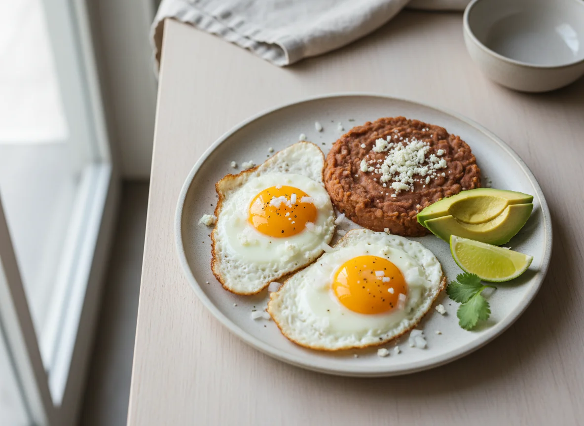 Huevos estrellados con frijoles refritos y aguacate photo