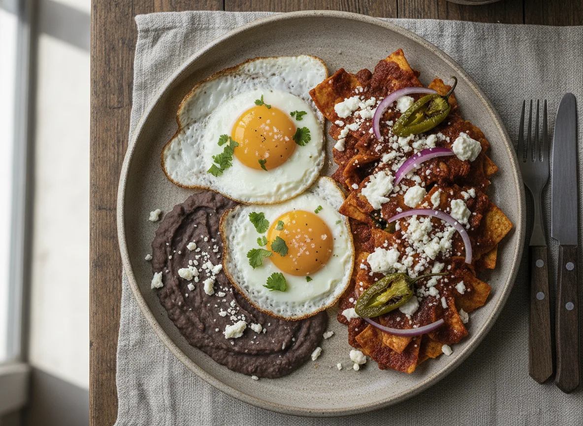 Huevos estrellados con frijoles refritos y chilaquiles photo