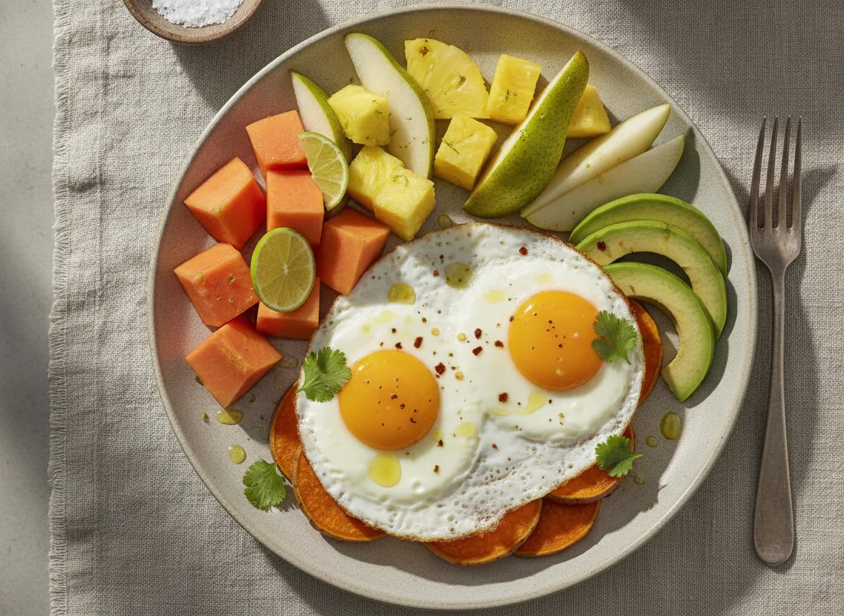 Huevos estrellados con fruta y camote photo