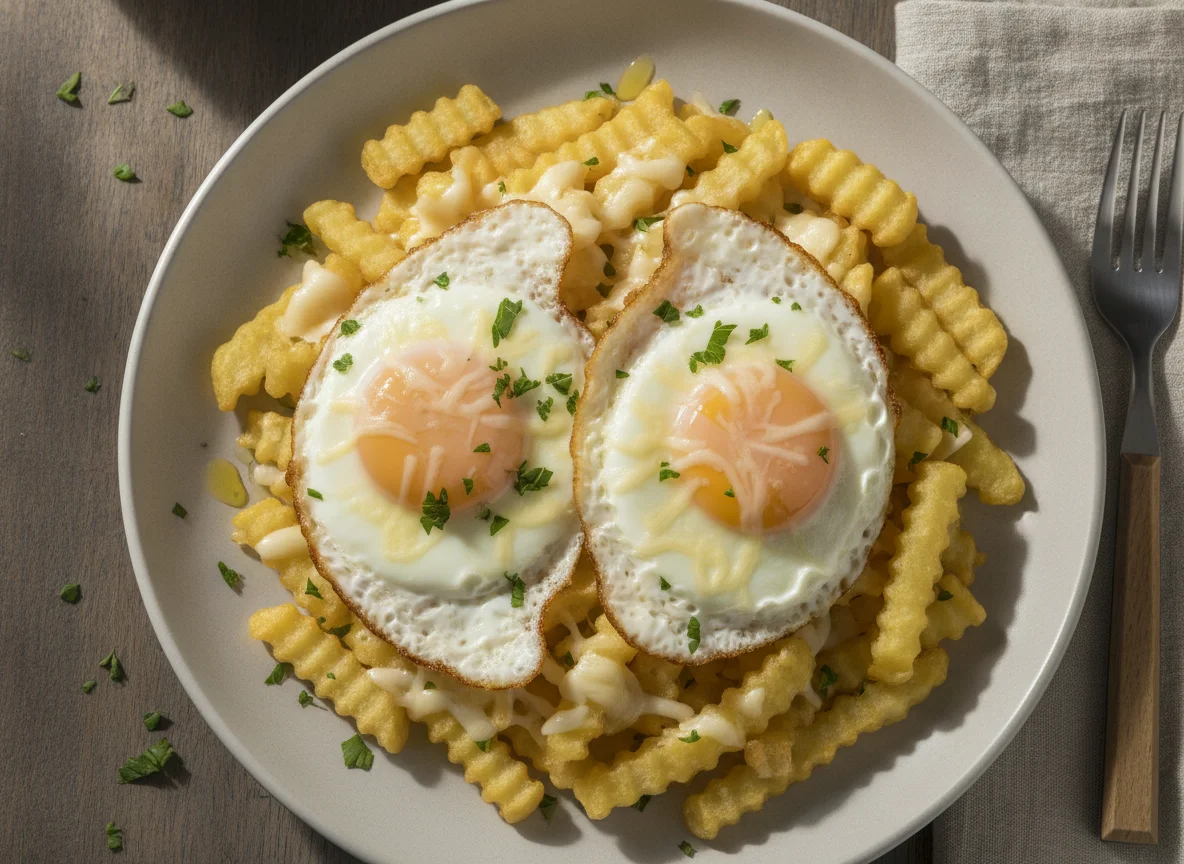 Huevos estrellados con queso y papas photo