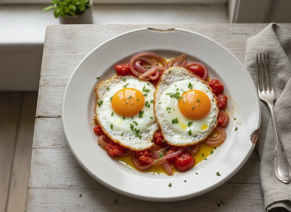 Huevos estrellados con tomate y cebolla photo