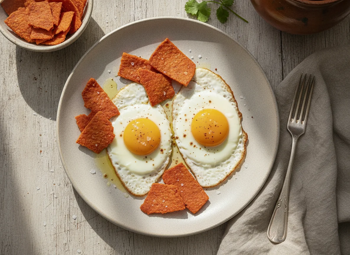 Huevos estrellados con tostadas rojas photo