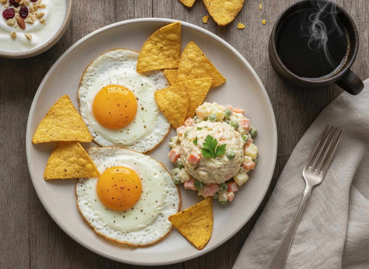 Huevos estrellados con totopos, ensalada rusa y café photo