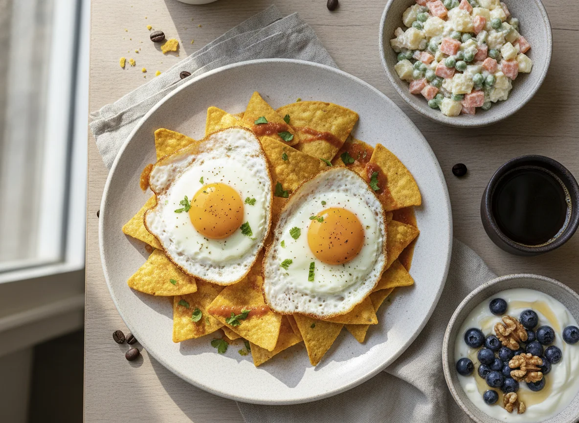 Huevos estrellados con totopos, ensalada rusa y postre photo