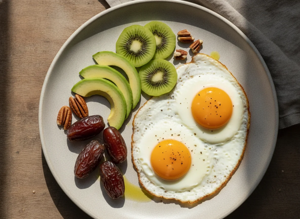 Huevos fritos con aguacate, kiwi, dátiles y nueces photo