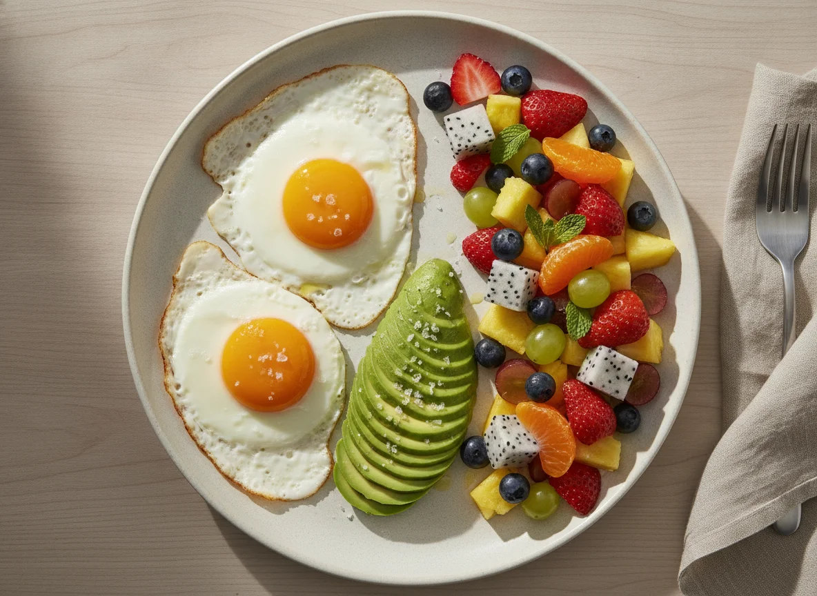Huevos fritos con aguacate y ensalada de frutas photo