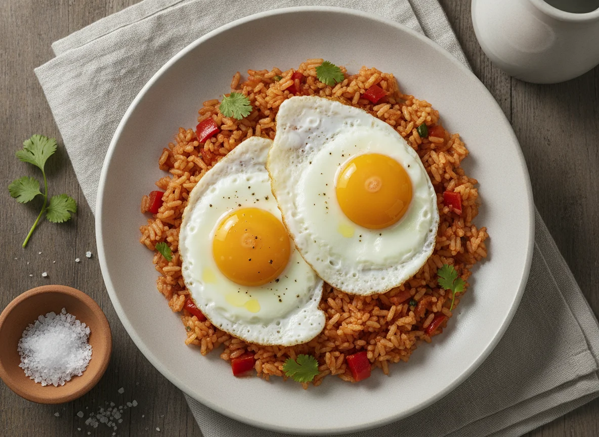 Huevos fritos con arroz rojo photo