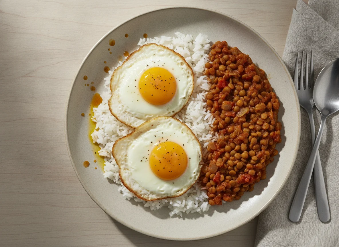 Huevos fritos con arroz y lentejas photo