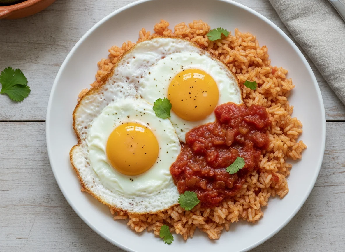 Huevos fritos con arroz y salsa photo