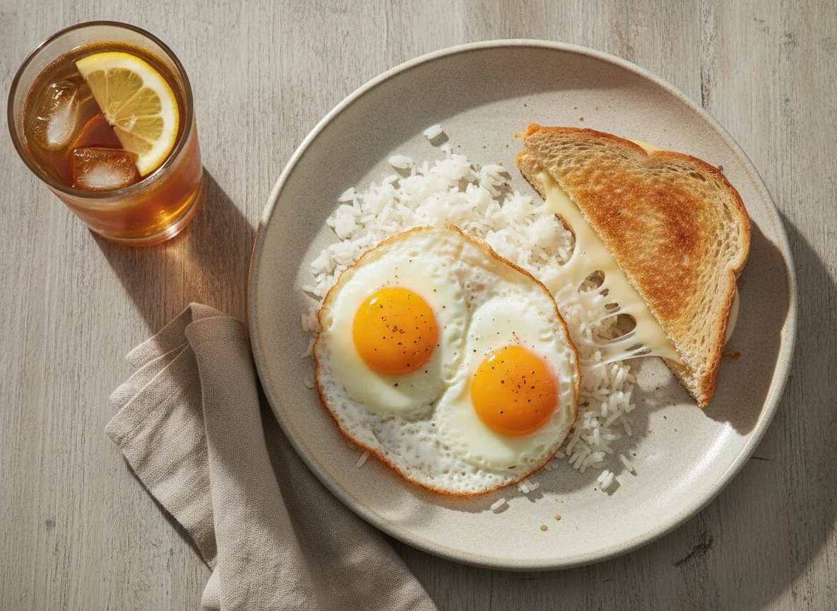 Huevos fritos con arroz y sándwich de queso photo