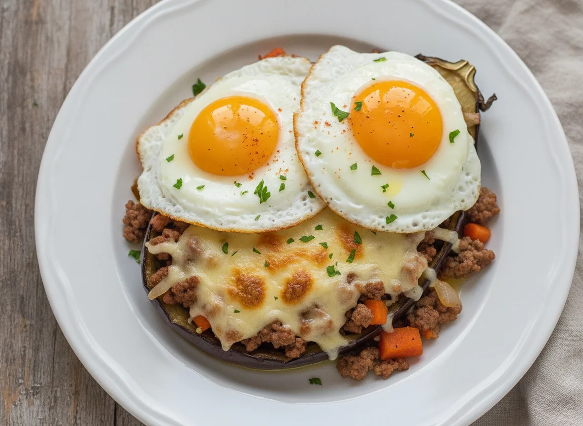 Huevos fritos con berenjena rellena gratinada photo