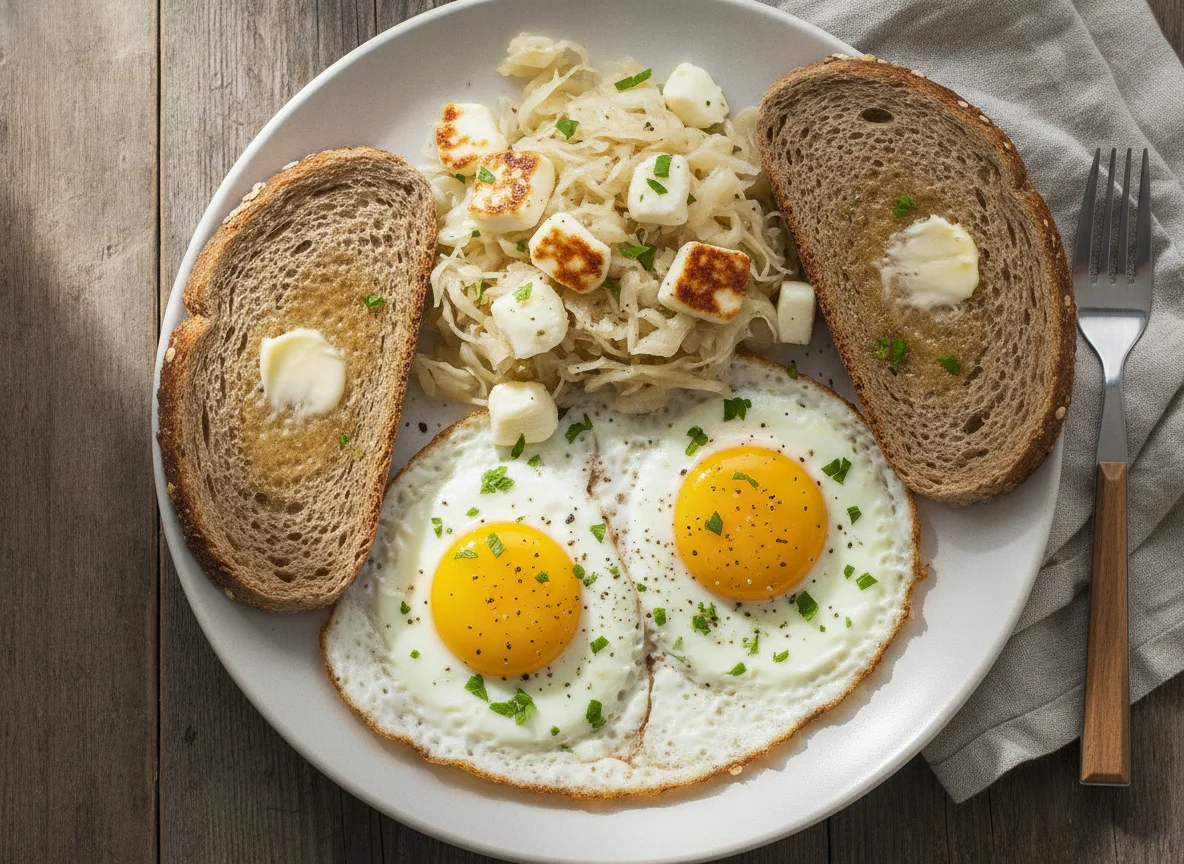 Huevos fritos con chucrut, queso y pan integral photo