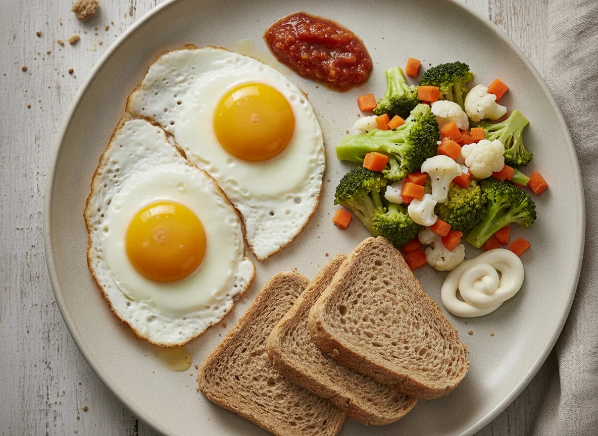 Huevos fritos con ensalada de brócoli y pan integral photo