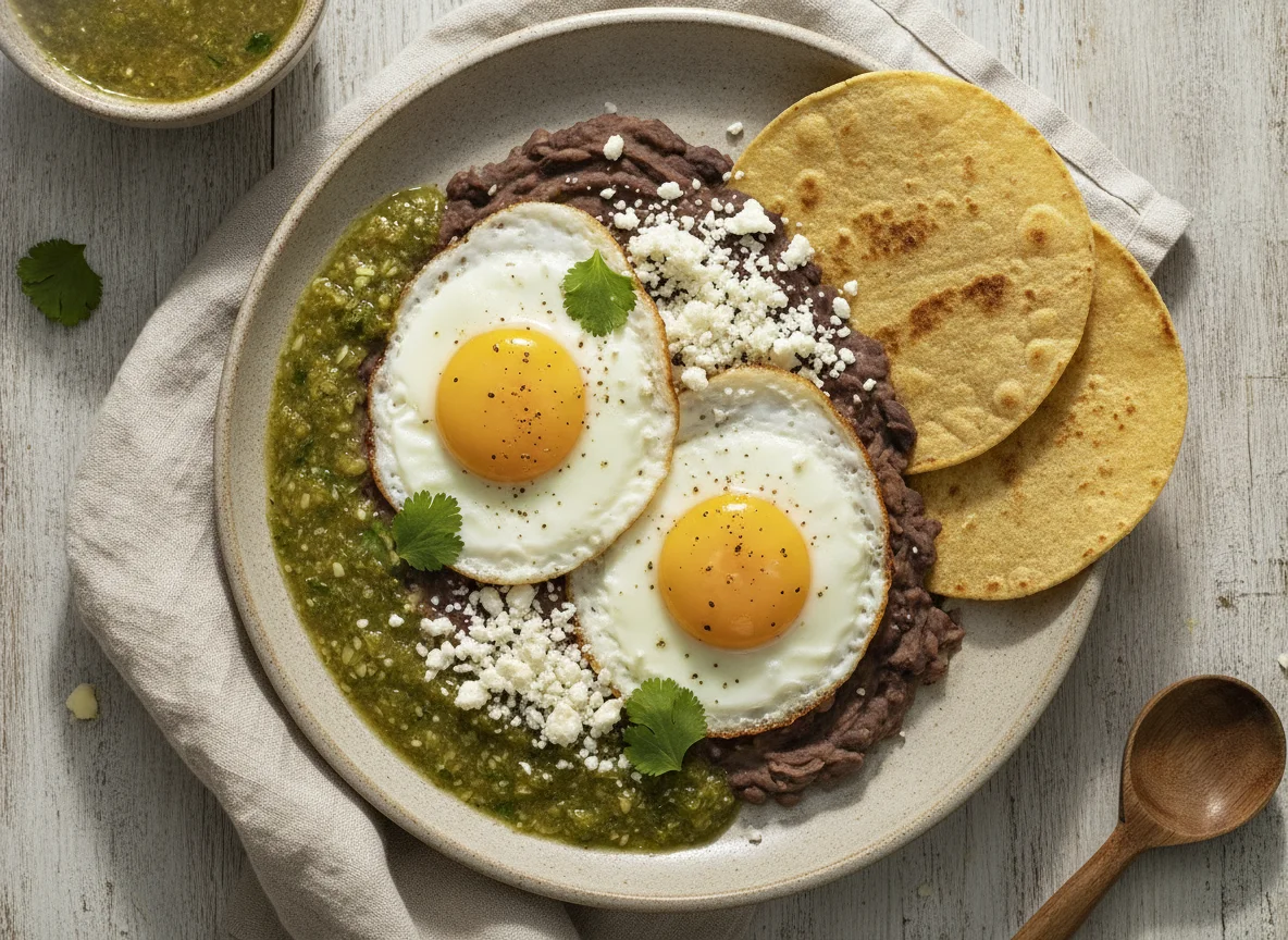 Huevos fritos con frijoles y salsa verde photo