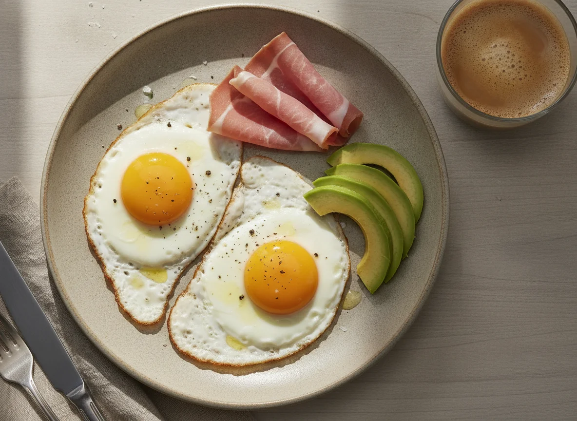 Huevos fritos con jamón cocido y aguacate photo