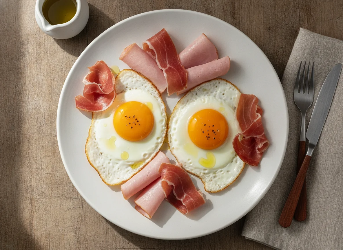 Huevos fritos con jamón serrano y jamón cocido photo