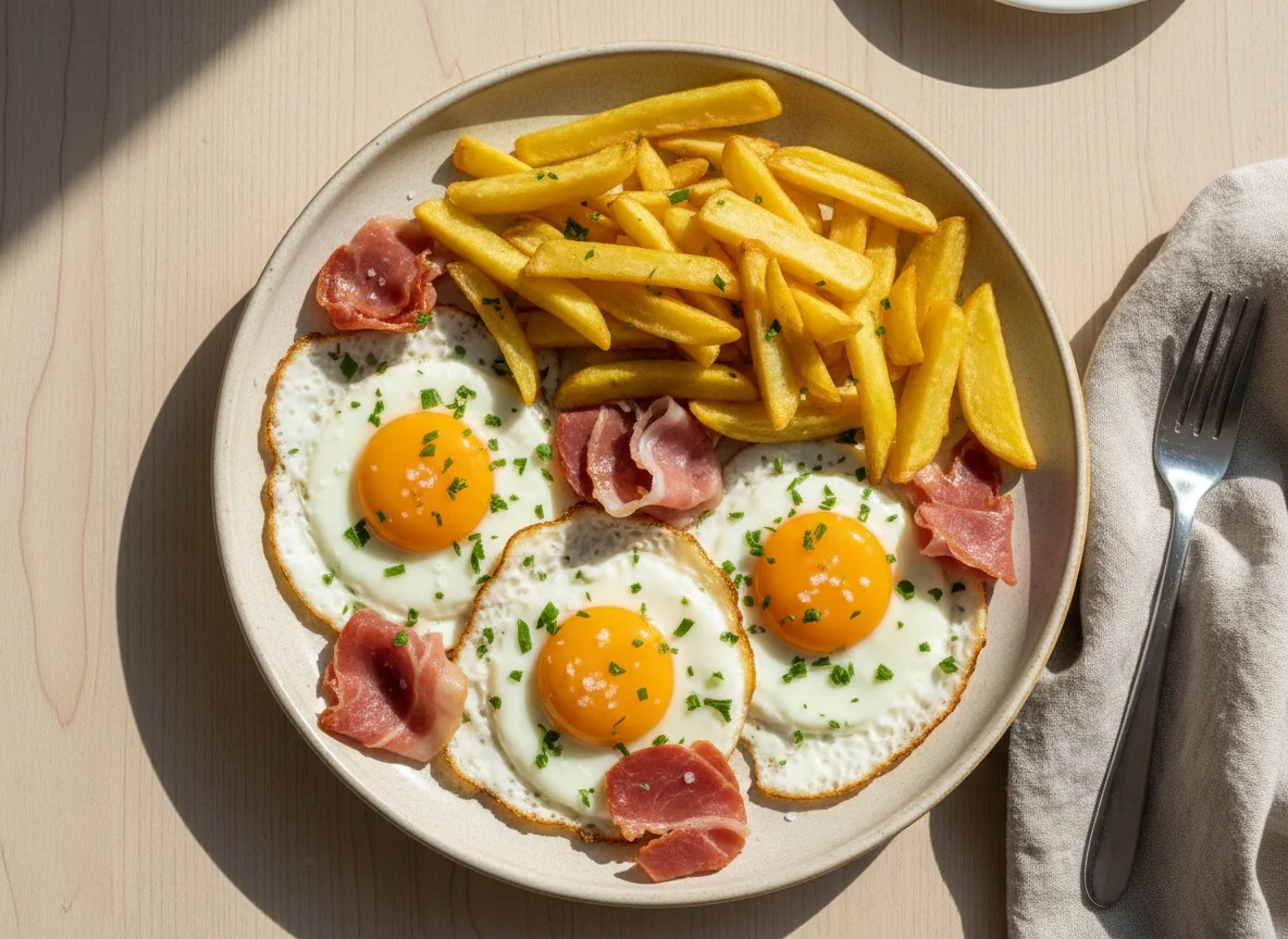 Huevos fritos con jamón y patatas photo