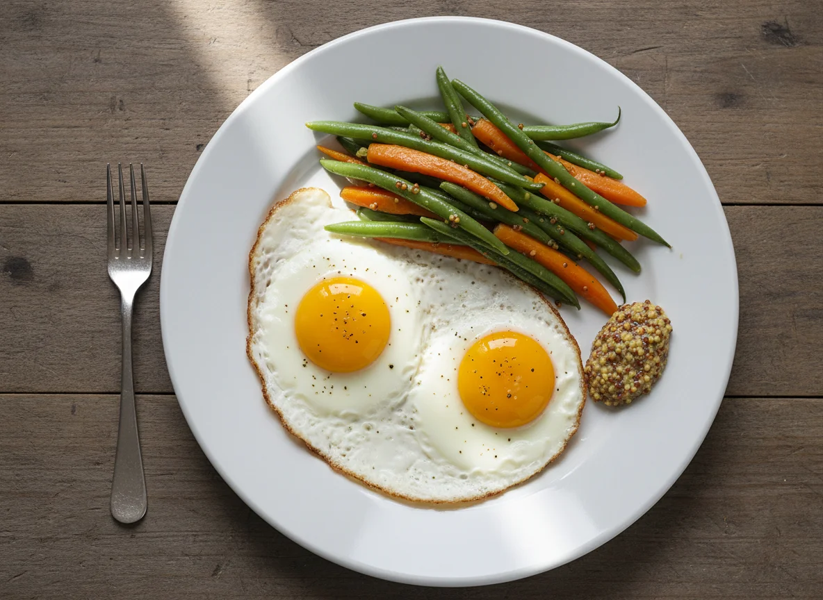 Huevos fritos con judías verdes y zanahorias photo
