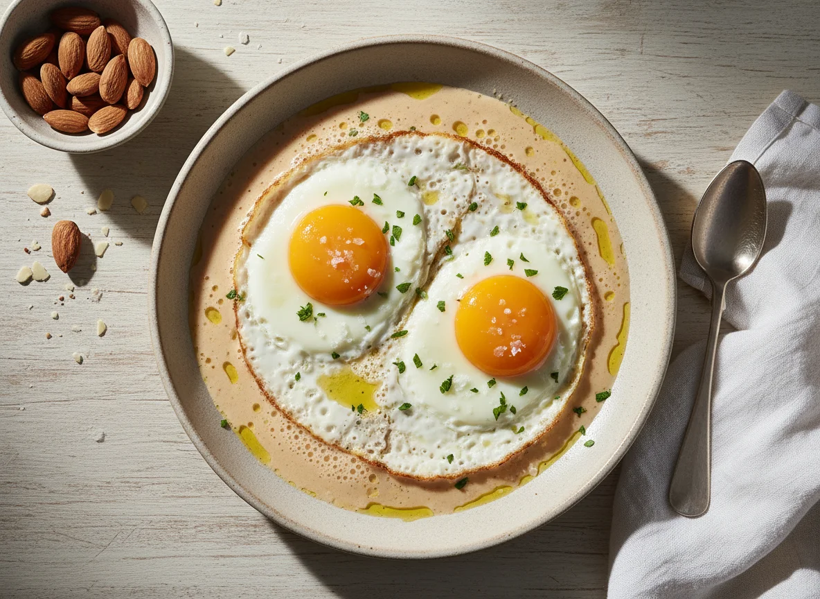 Huevos fritos con leche de almendras photo