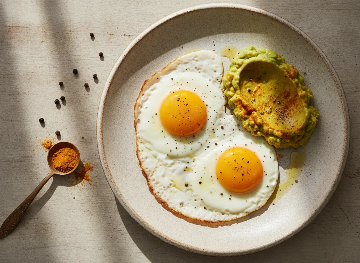 Huevos fritos con palta y especias photo