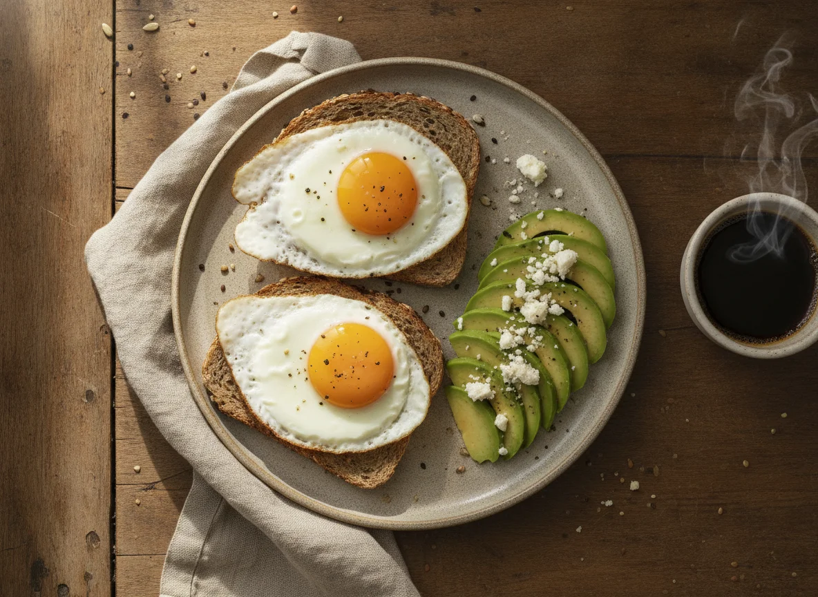 Huevos fritos con pan integral, aguacate y café photo