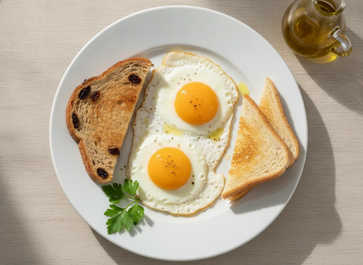 Huevos fritos con pan tostado photo