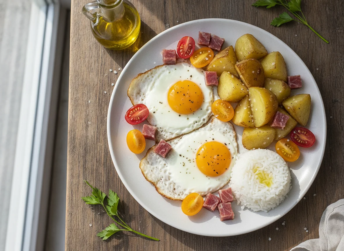 Huevos fritos con patatas cocidas, tomates cherry y jamón photo