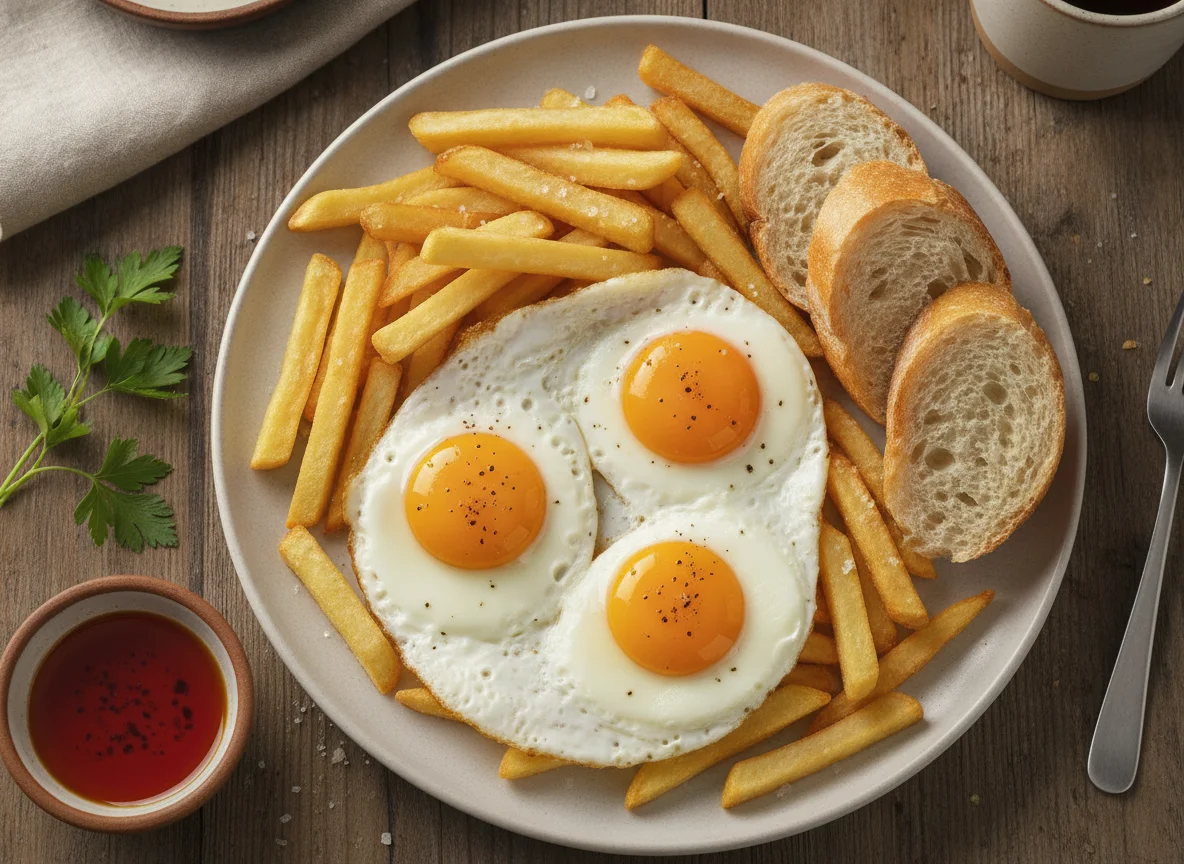 Huevos fritos con patatas y pan photo