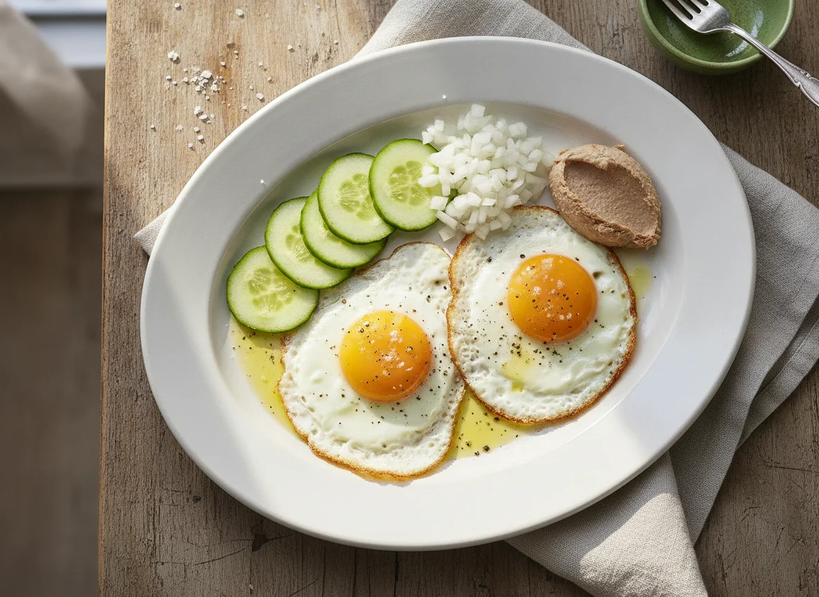 Huevos fritos con pepino, cebolla y paté photo