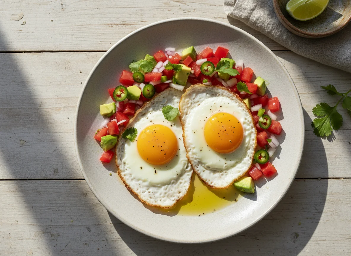 Huevos fritos con pico de gallo photo