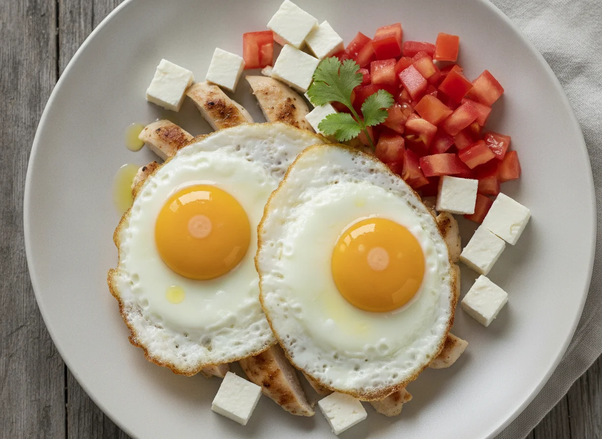 Huevos fritos con pollo, queso y tomate photo