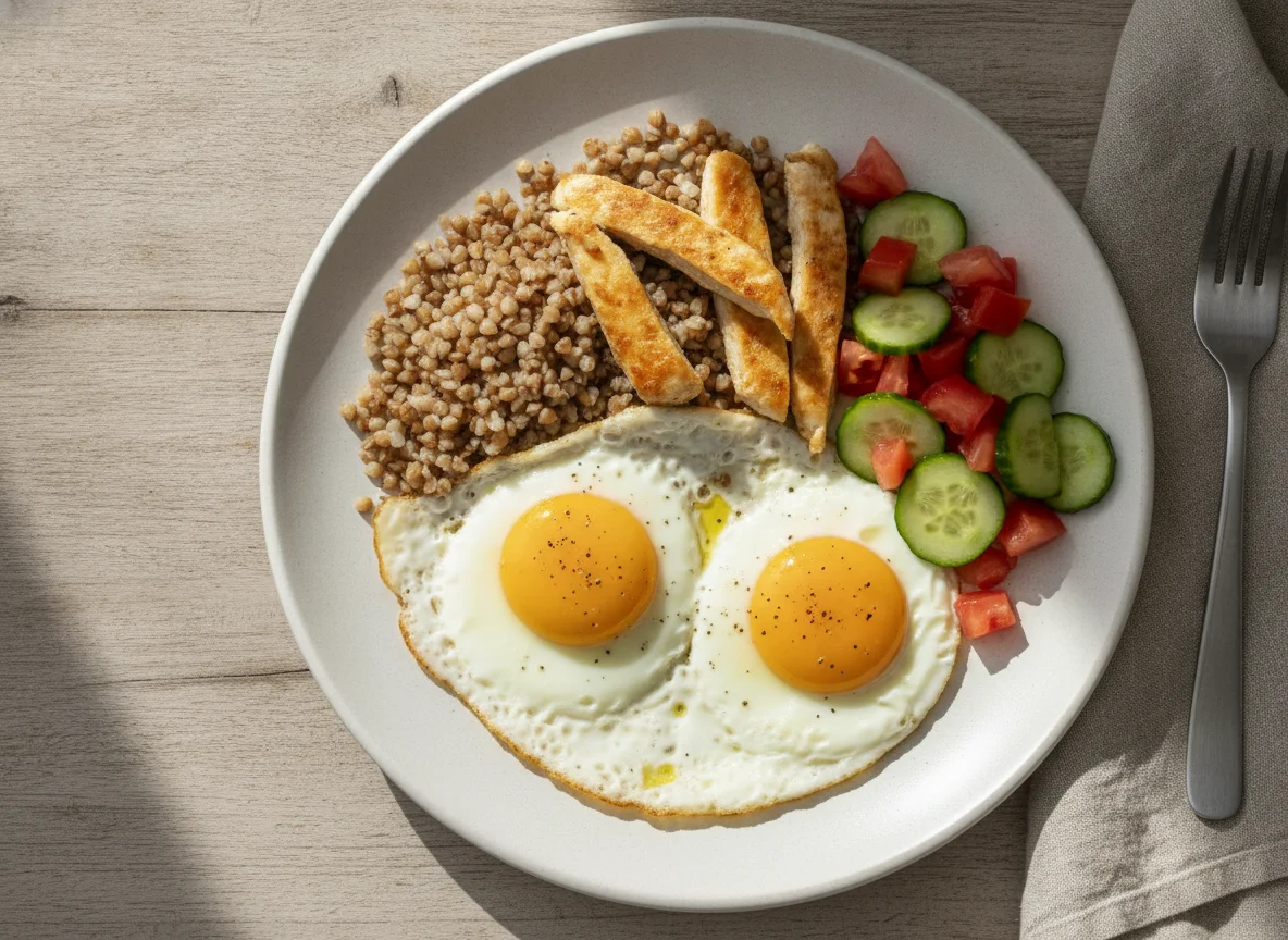 Huevos fritos con pollo, trigo sarraceno y ensalada photo