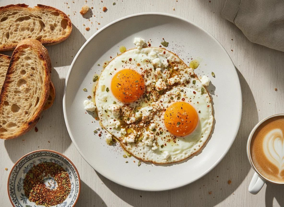 Huevos fritos con queso feta, especias y pan tostado photo