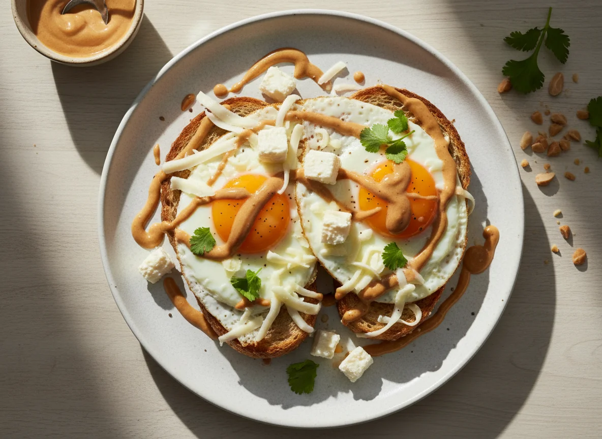 Huevos fritos con queso y salsa de maní sobre tostada photo