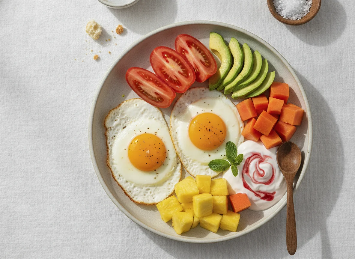 Huevos fritos con tomate, aguacate, piña, papaya y yogur photo