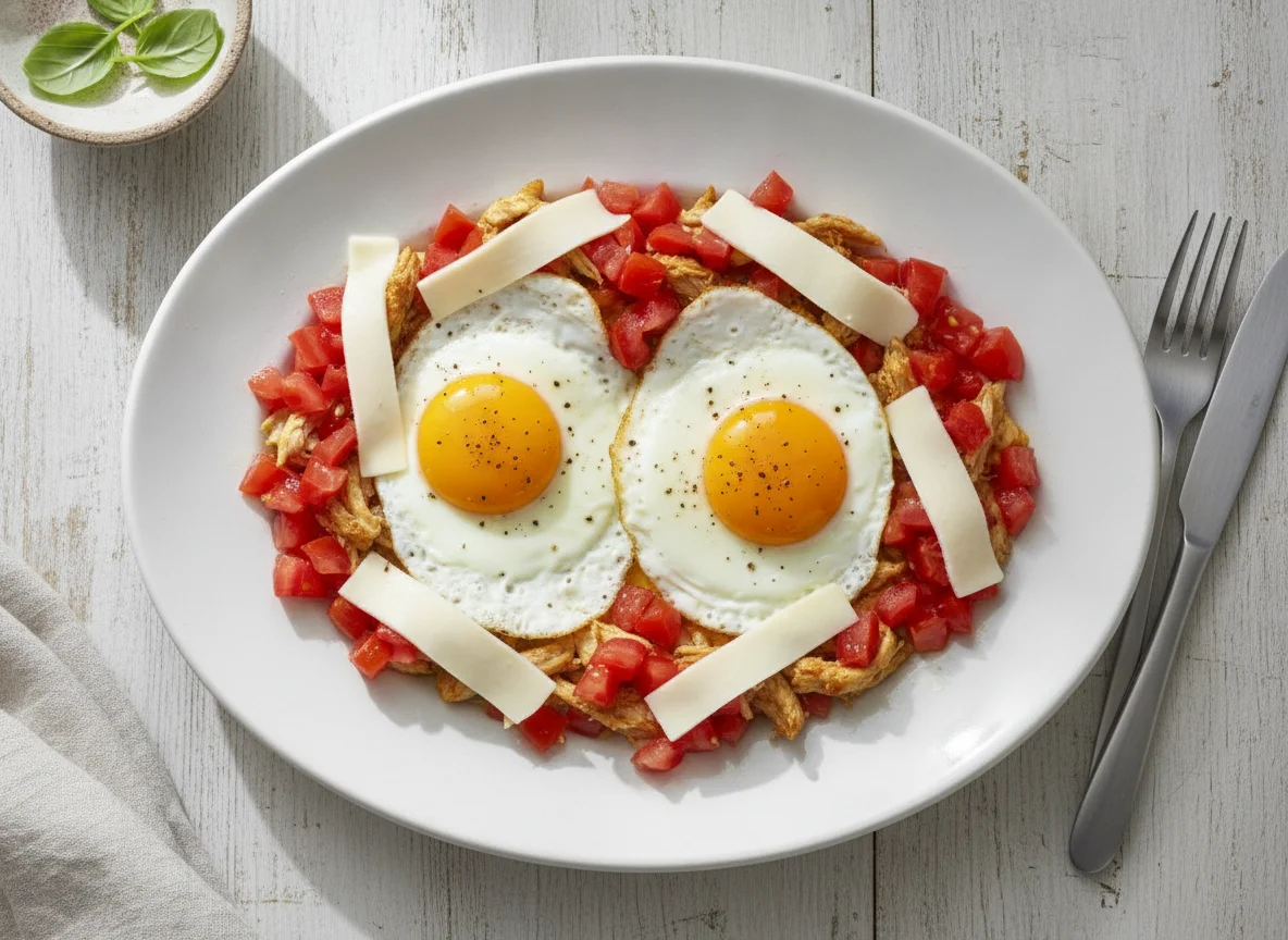 Huevos fritos con tomate, queso y pollo photo