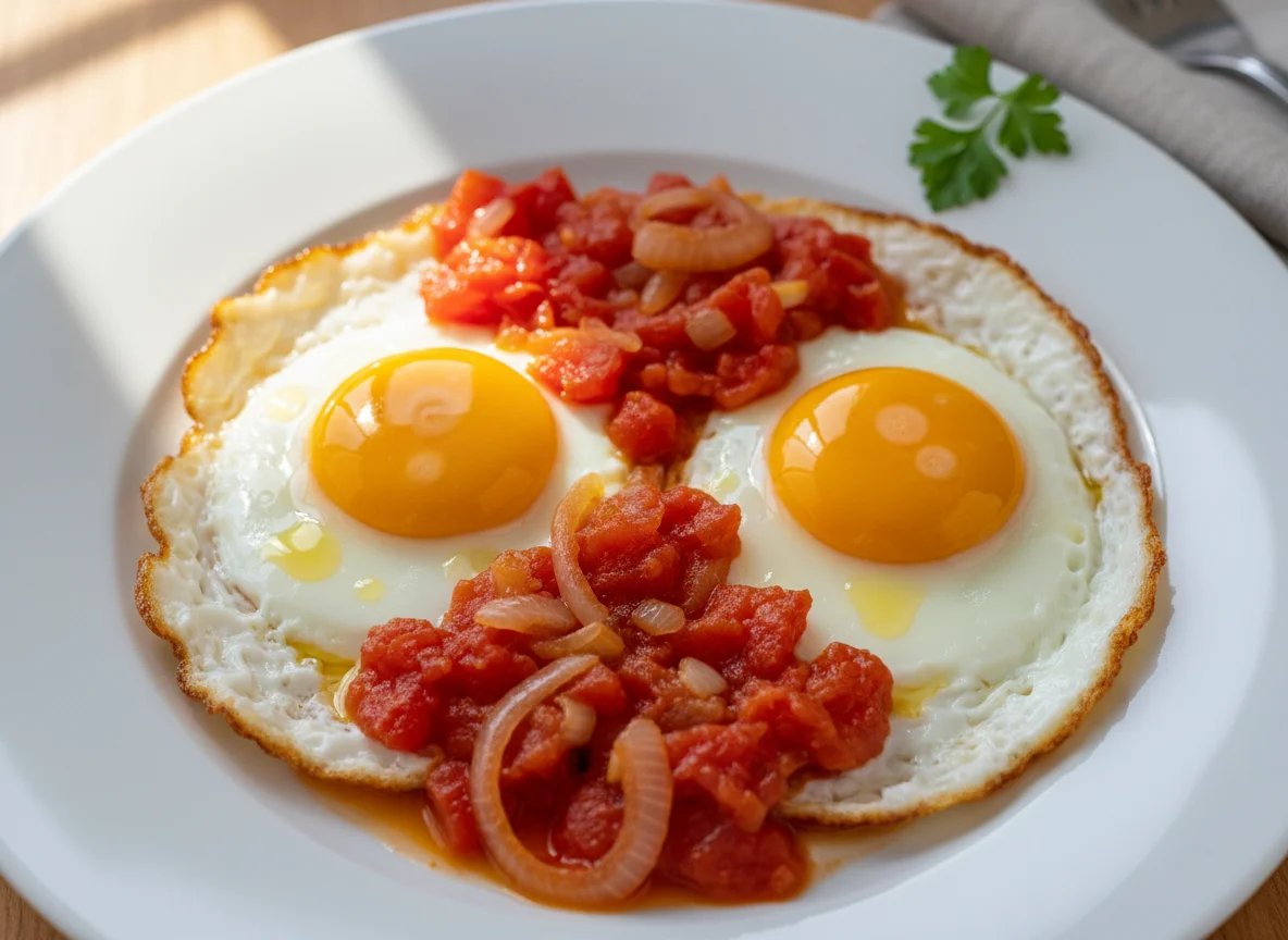 Huevos fritos con tomate y cebolla photo