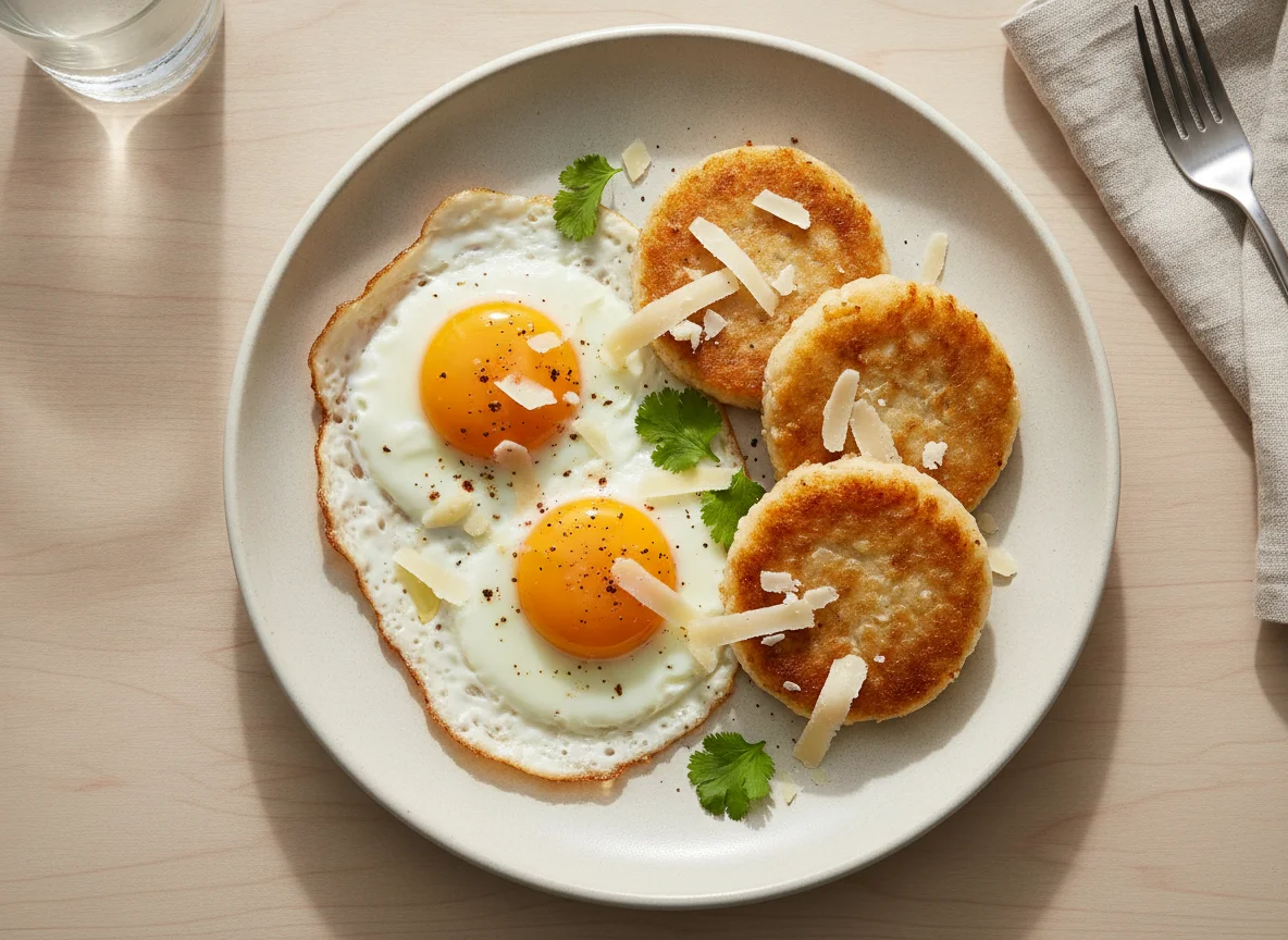 Huevos fritos con tortitas de arroz y queso photo