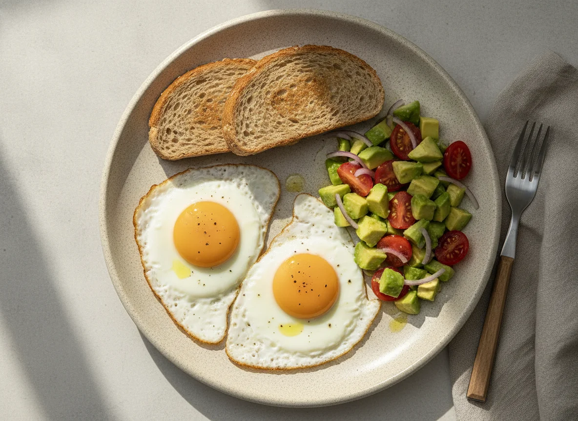 Huevos fritos con tostada y ensalada de palta photo