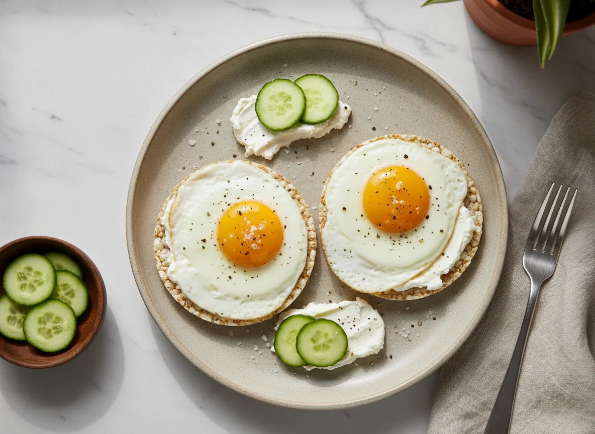 Huevos fritos con tostadas de arroz y pepino photo