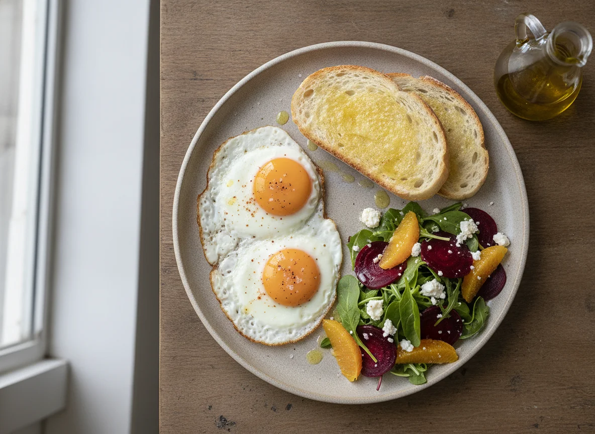 Huevos fritos con tostadas y ensalada de remolacha y naranja photo