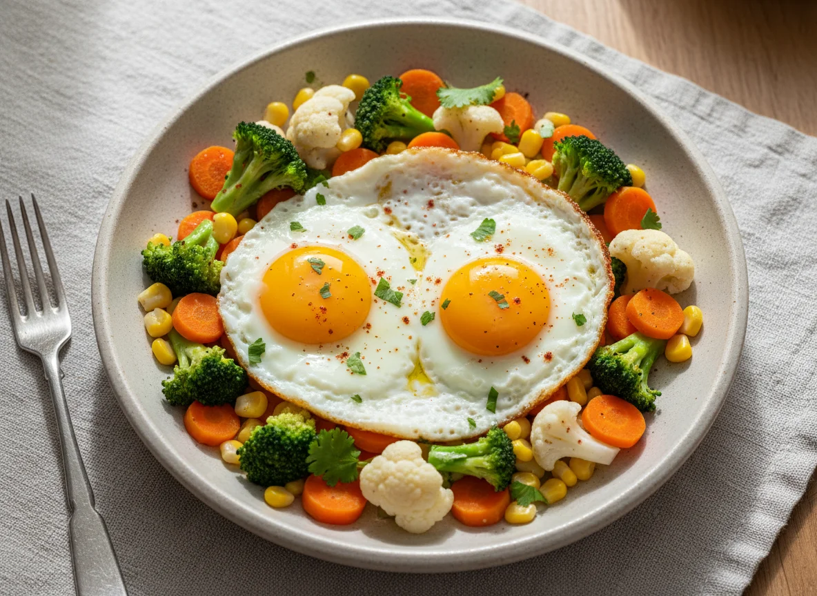 Huevos fritos con vegetales mixtos photo