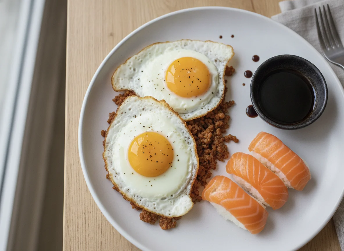 Huevos fritos y Nigiri de Salmón photo