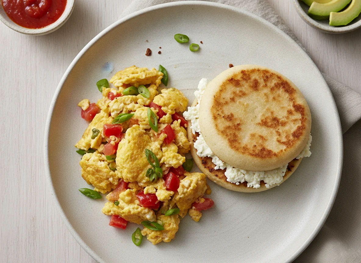 Huevos pericos con arepa de queso photo
