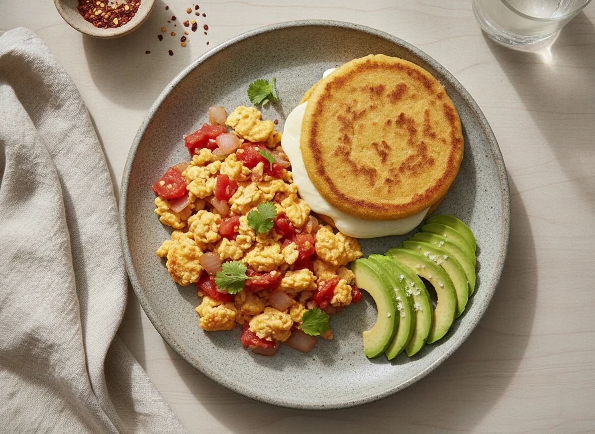 Huevos pericos con arepa de queso y aguacate photo